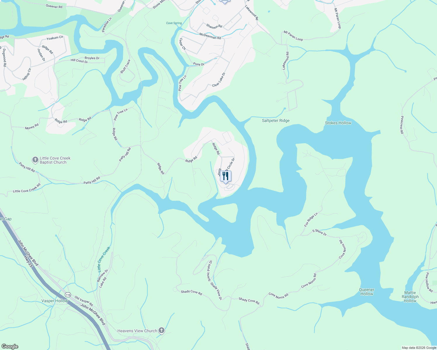 map of restaurants, bars, coffee shops, grocery stores, and more near 12 Popular Lane in Caryville