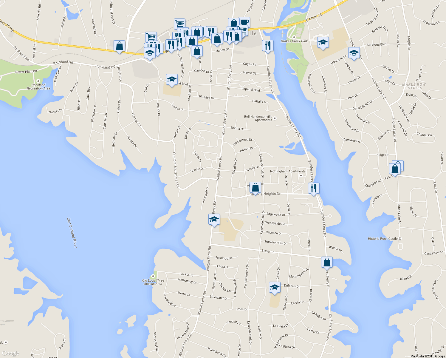 map of restaurants, bars, coffee shops, grocery stores, and more near 453 Walton Ferry Road in Hendersonville