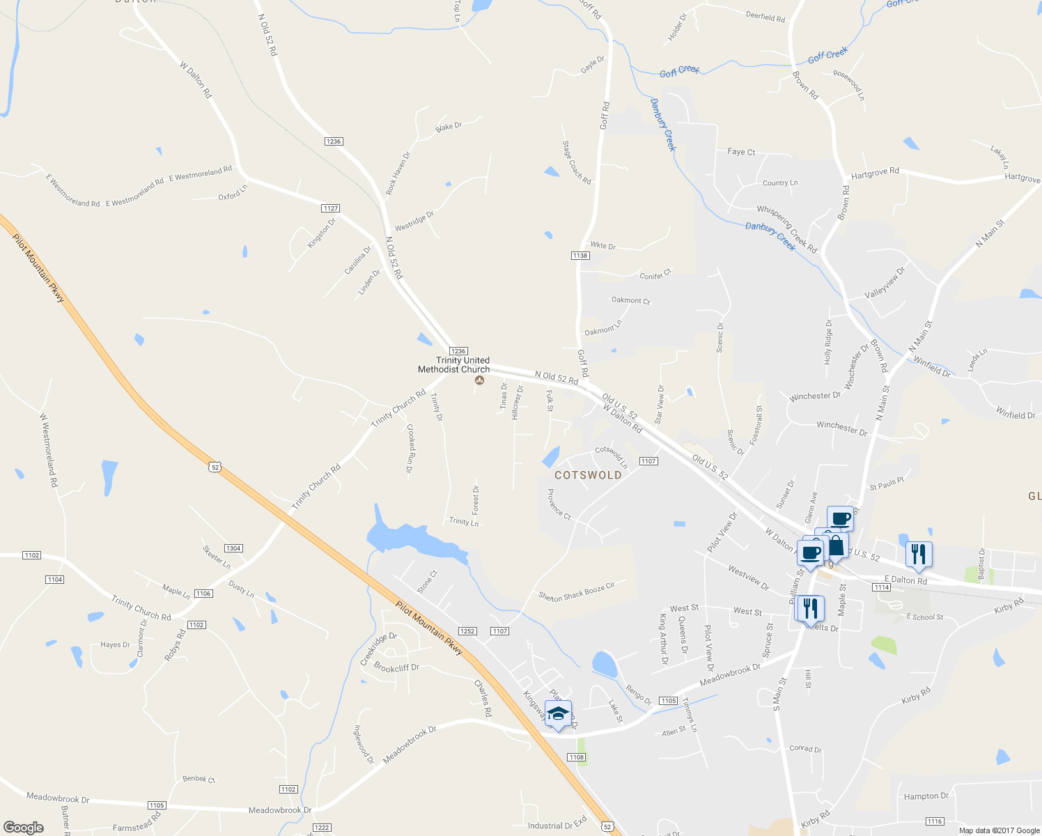 map of restaurants, bars, coffee shops, grocery stores, and more near 209 Hillcrest Drive in King