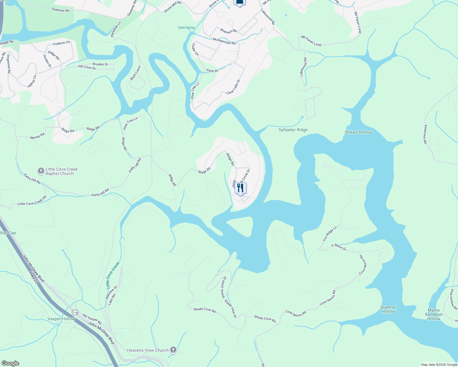 map of restaurants, bars, coffee shops, grocery stores, and more near 12 Popular Lane in Caryville