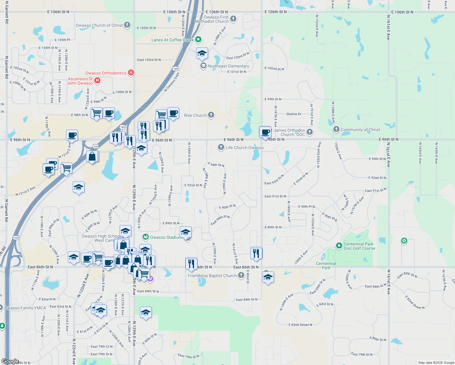 map of restaurants, bars, coffee shops, grocery stores, and more near 9203 North 139th East Avenue in Owasso