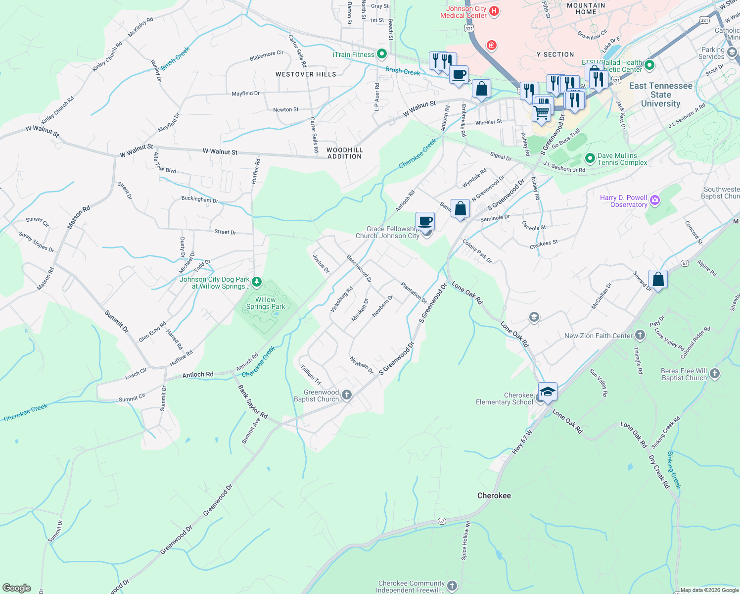 map of restaurants, bars, coffee shops, grocery stores, and more near 2903 Muskett Dr in Johnson City