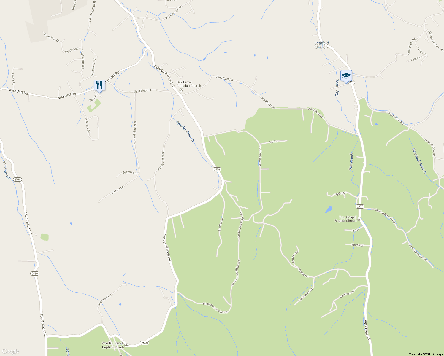 map of restaurants, bars, coffee shops, grocery stores, and more near 1487 State Highway 2558 in Elizabethton