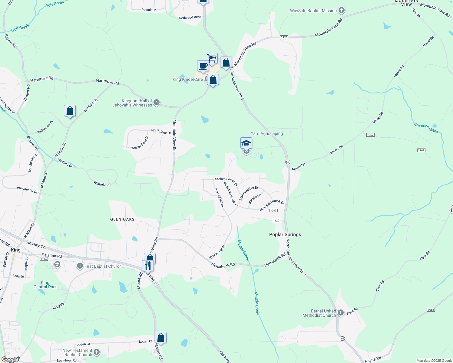map of restaurants, bars, coffee shops, grocery stores, and more near 225 Stokes Forest Drive in King