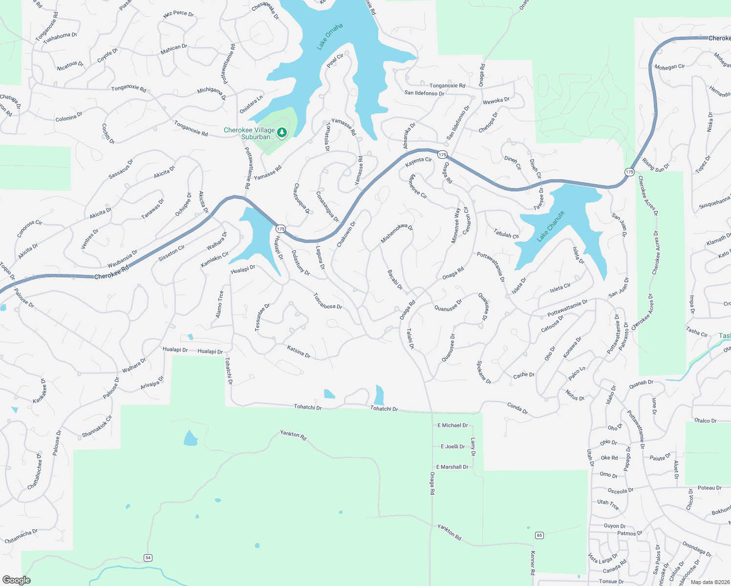 map of restaurants, bars, coffee shops, grocery stores, and more near 12 Chakowin Drive in Cherokee Village