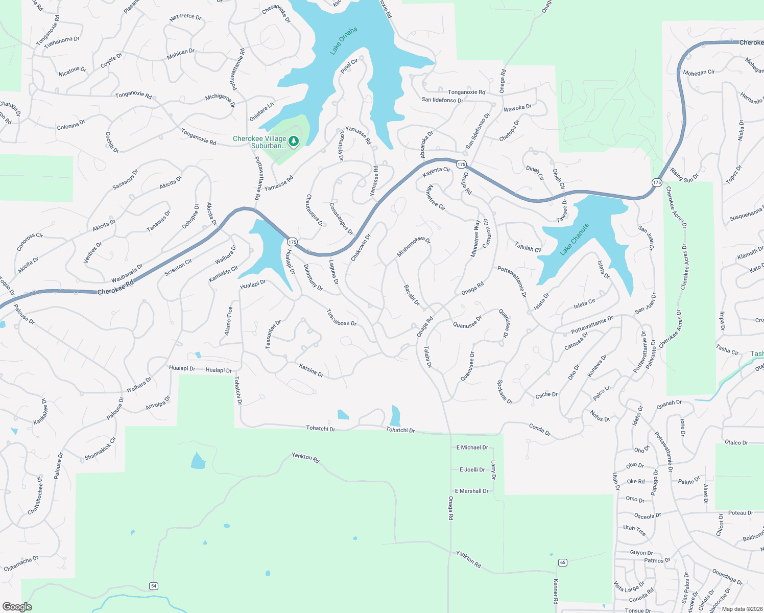 map of restaurants, bars, coffee shops, grocery stores, and more near 12 Chakowin Drive in Cherokee Village