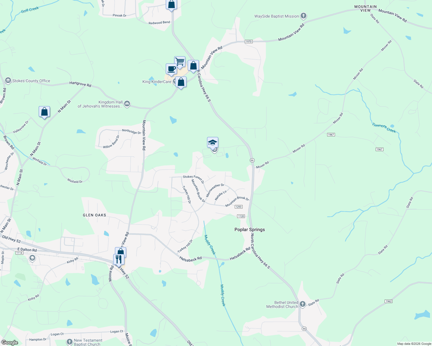 map of restaurants, bars, coffee shops, grocery stores, and more near 213 Misty Court in King