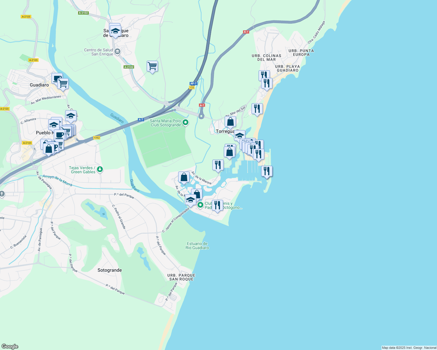 map of restaurants, bars, coffee shops, grocery stores, and more near 2 Puerto Sotogrande in San Roque