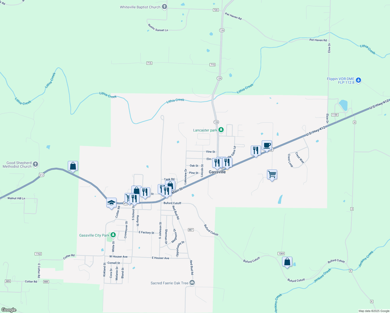 map of restaurants, bars, coffee shops, grocery stores, and more near 616 Elm St in Gassville