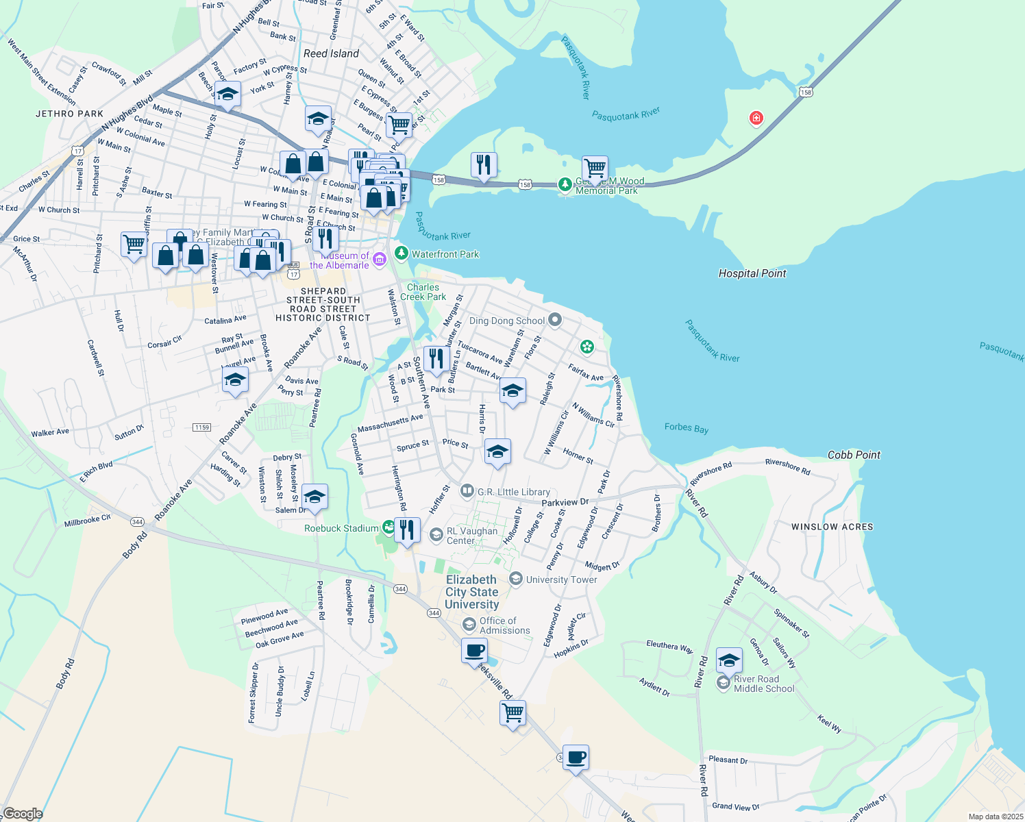 map of restaurants, bars, coffee shops, grocery stores, and more near 1399 Normal Avenue in Elizabeth City