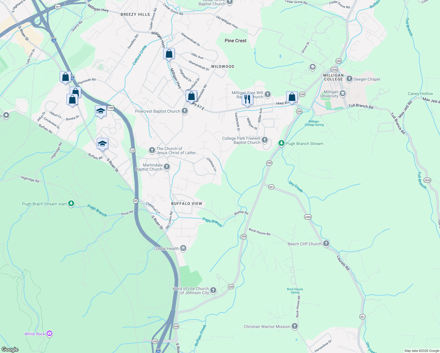map of restaurants, bars, coffee shops, grocery stores, and more near 3617 Martindale Drive in Johnson City