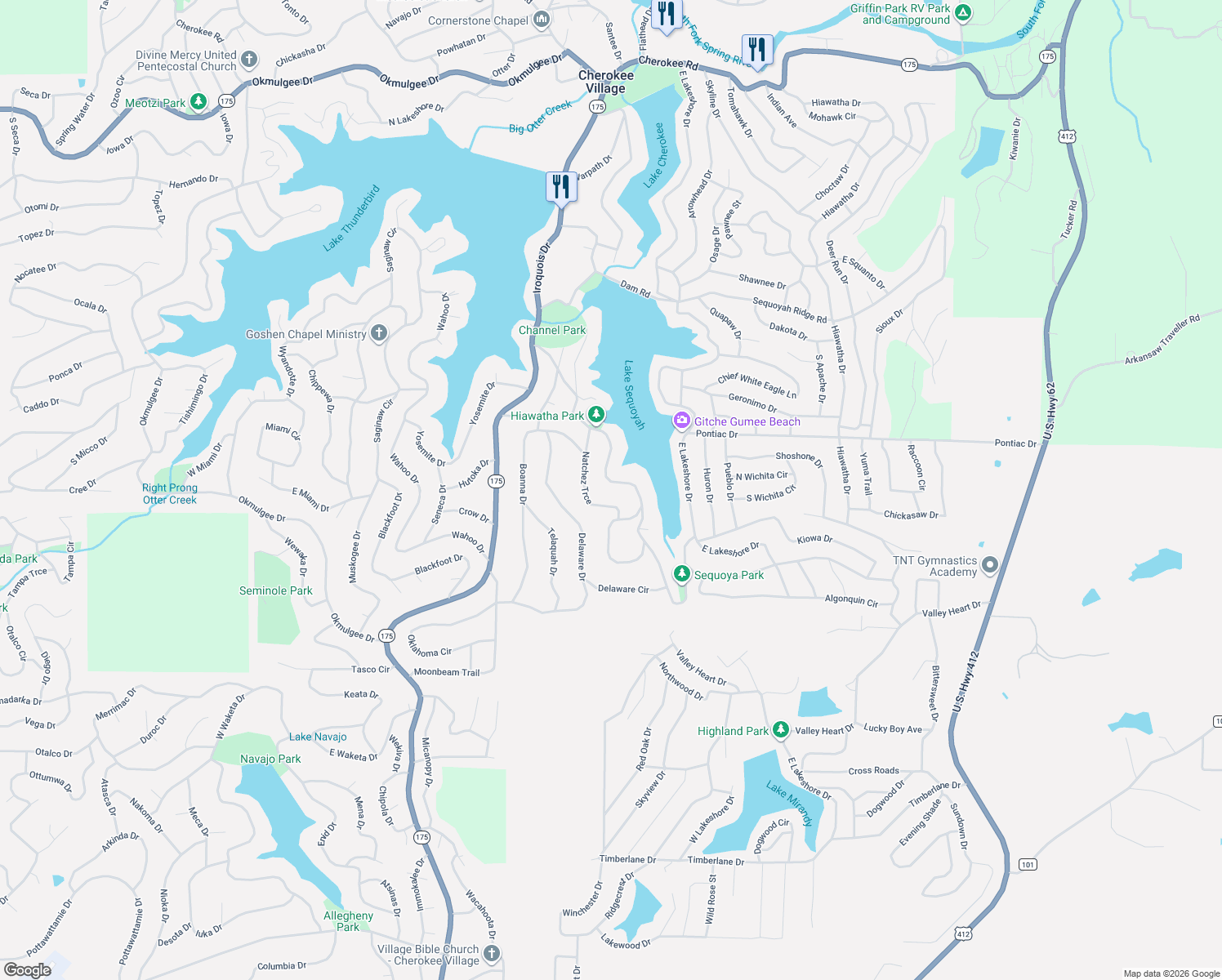 map of restaurants, bars, coffee shops, grocery stores, and more near 163 West Lakeshore Drive in Cherokee Village