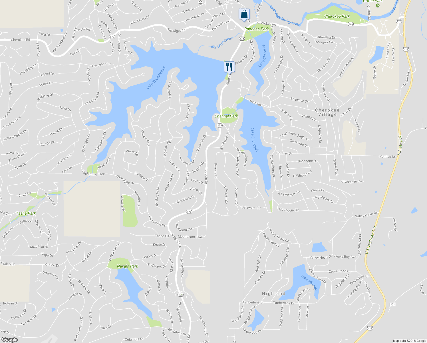 map of restaurants, bars, coffee shops, grocery stores, and more near 33 Boanna Drive in Cherokee Village
