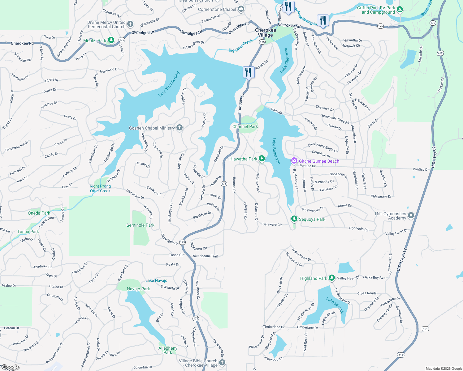 map of restaurants, bars, coffee shops, grocery stores, and more near 33 Boanna Drive in Cherokee Village
