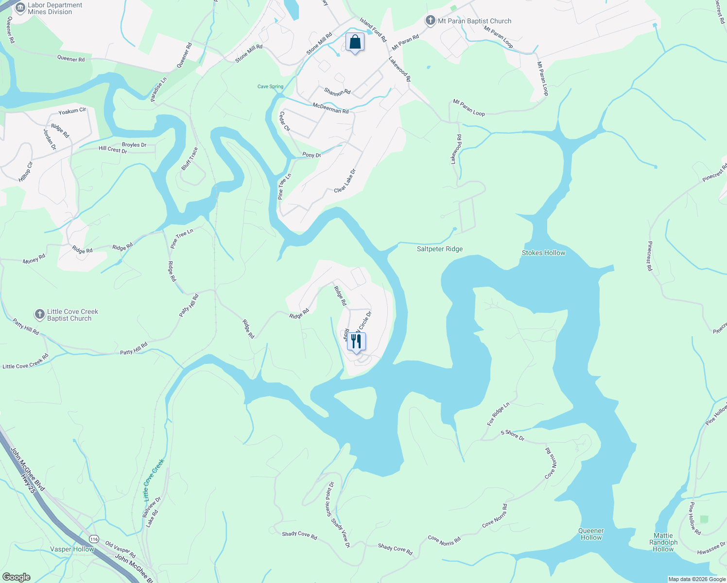 map of restaurants, bars, coffee shops, grocery stores, and more near 152 Lauer Lane in Caryville