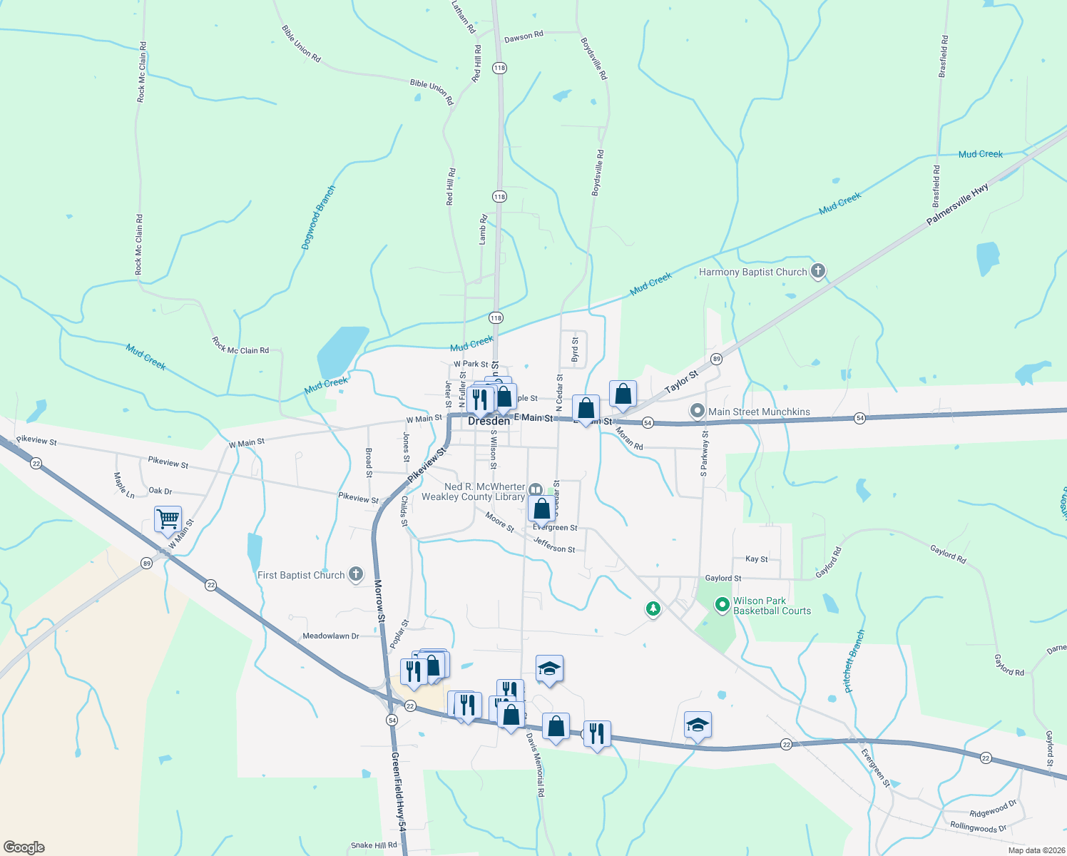map of restaurants, bars, coffee shops, grocery stores, and more near 210 E Main St in Dresden