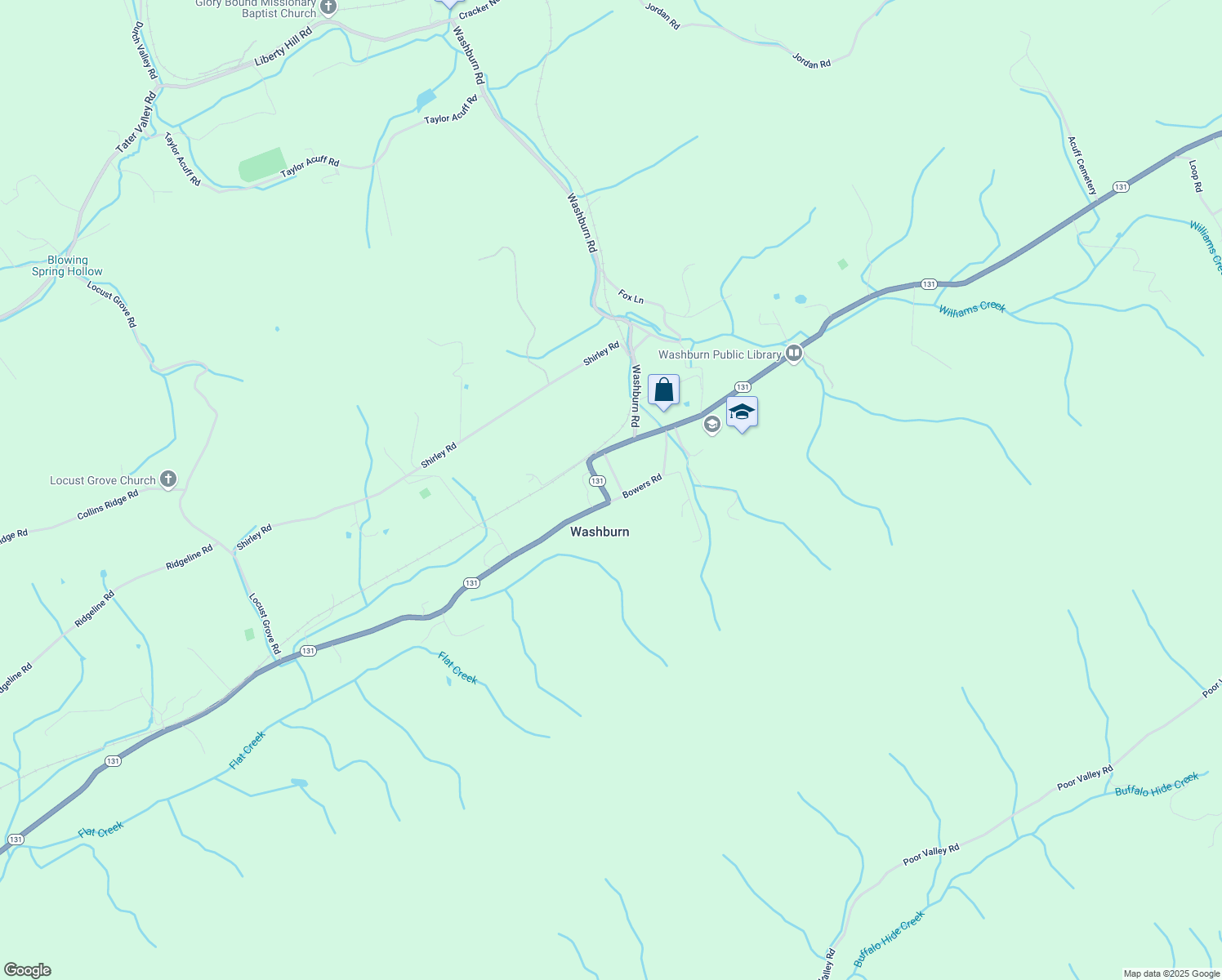 map of restaurants, bars, coffee shops, grocery stores, and more near 8363 Tennessee 131 in Washburn