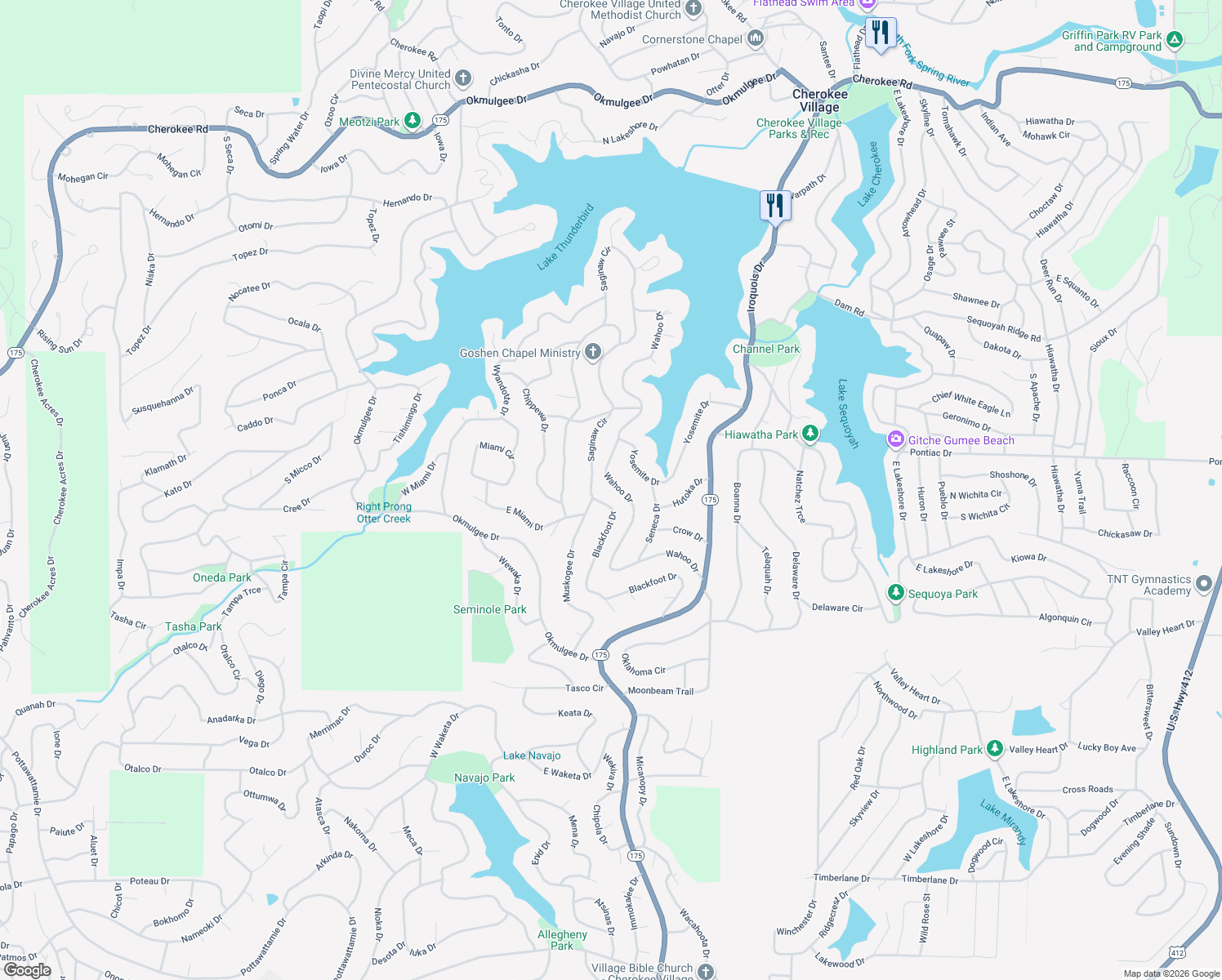 map of restaurants, bars, coffee shops, grocery stores, and more near 82 Wahoo Drive in Cherokee Village