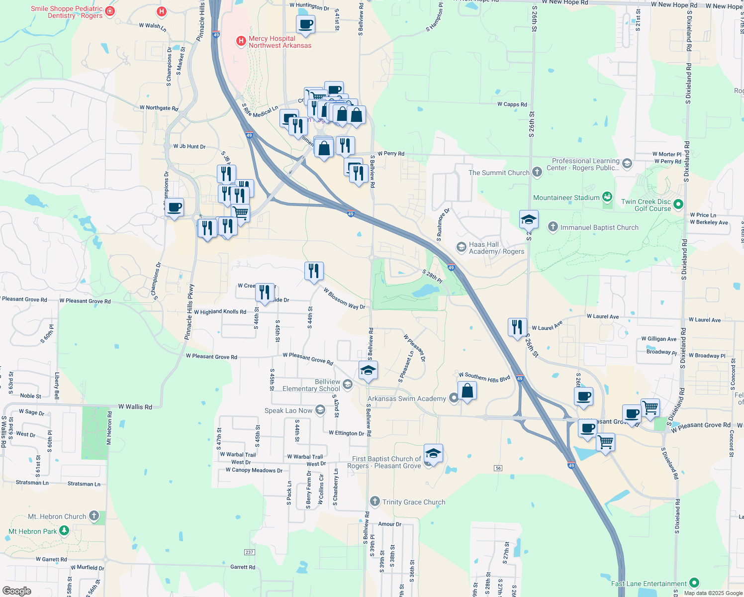 map of restaurants, bars, coffee shops, grocery stores, and more near 3993 Bellview Street in Rogers