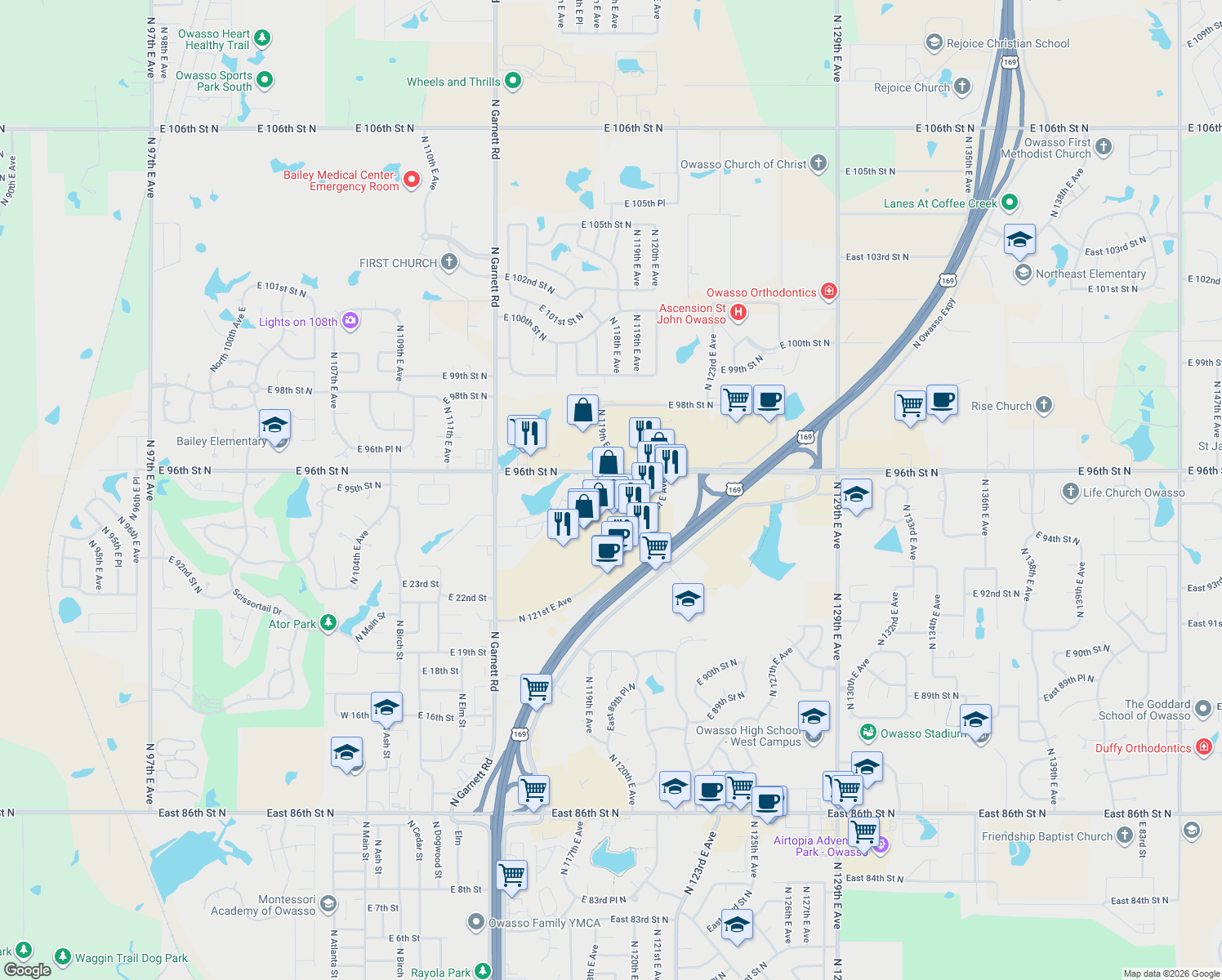 map of restaurants, bars, coffee shops, grocery stores, and more near 11922 E 96th Street North in Owasso