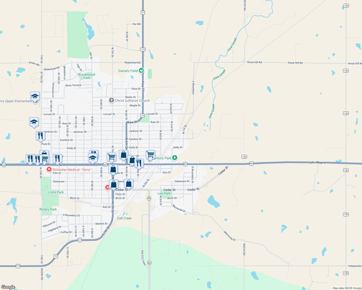 map of restaurants, bars, coffee shops, grocery stores, and more near 105 Holly Street in Perry