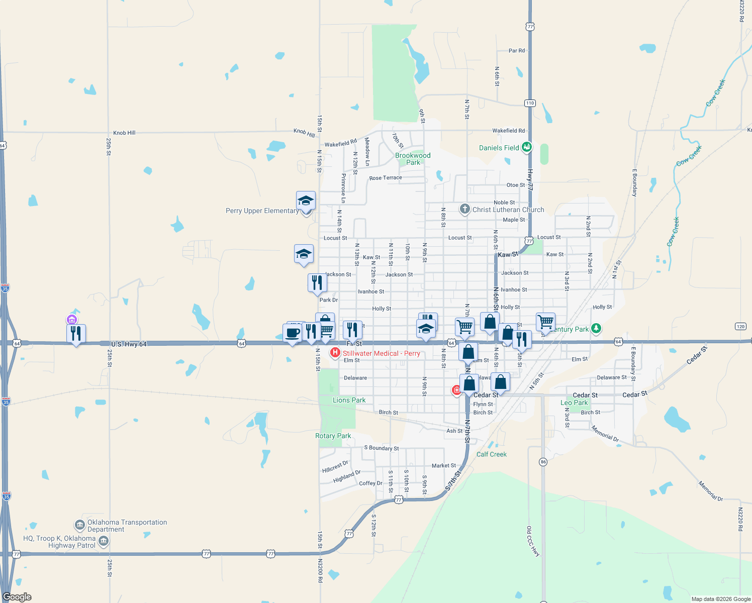map of restaurants, bars, coffee shops, grocery stores, and more near 806 North 12th Street in Perry
