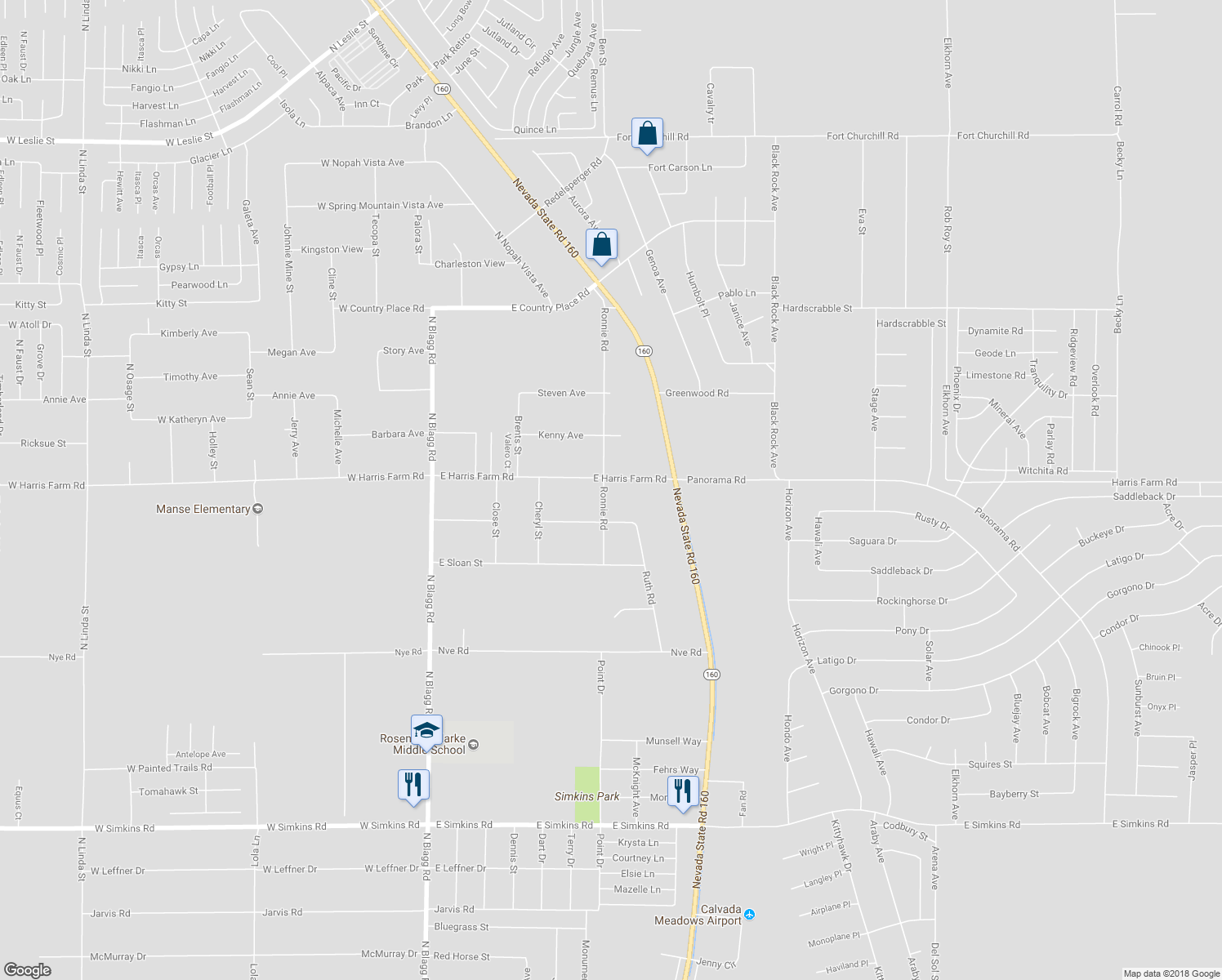 map of restaurants, bars, coffee shops, grocery stores, and more near 521 East Harris Farm Road in Pahrump