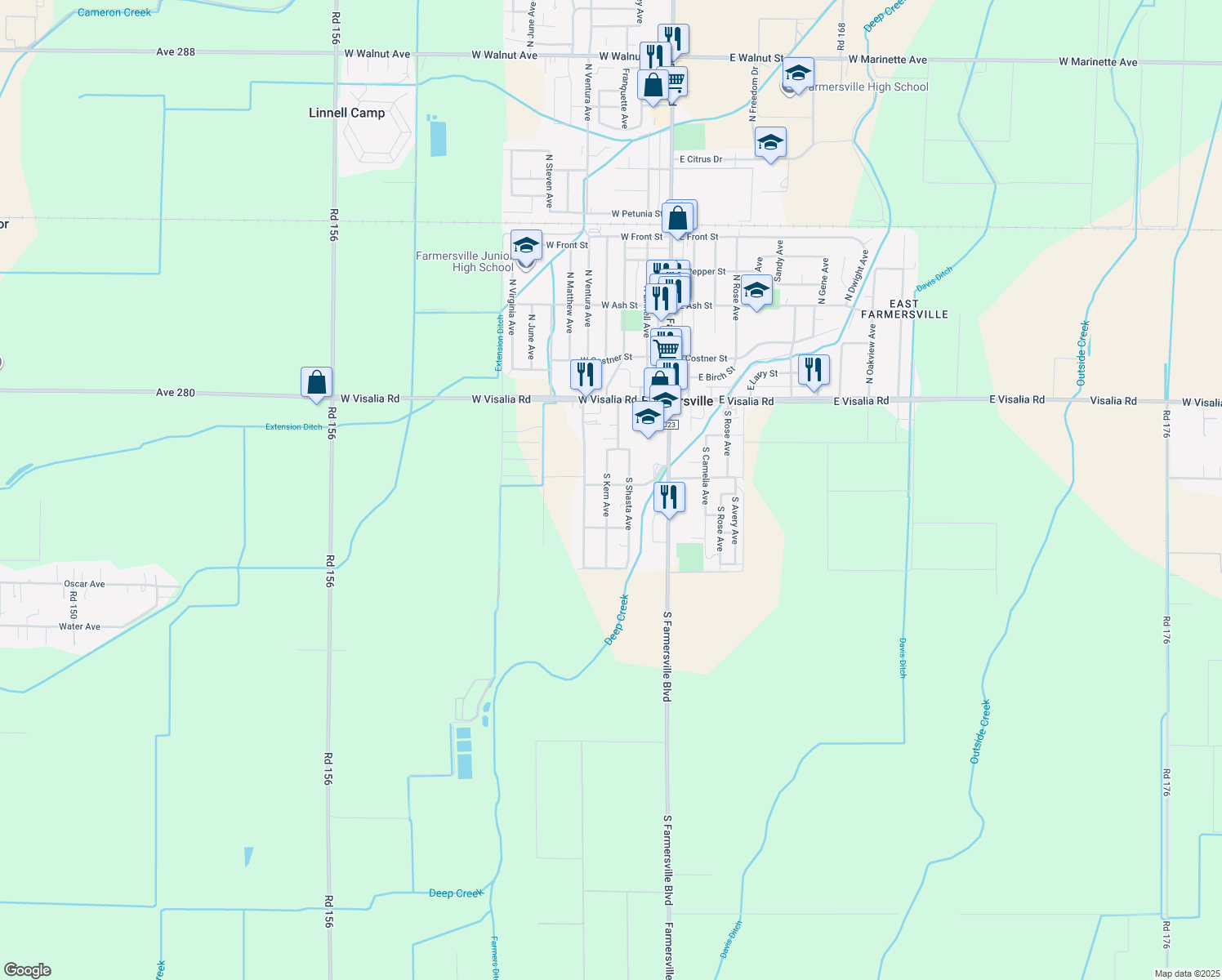 map of restaurants, bars, coffee shops, grocery stores, and more near 373 W Oakland St in Farmersville
