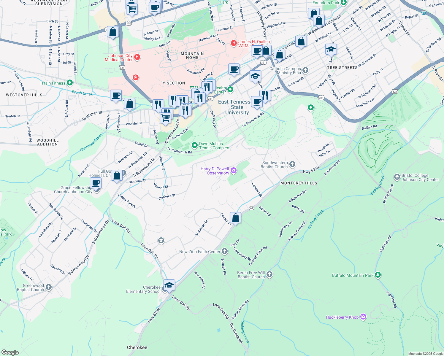 map of restaurants, bars, coffee shops, grocery stores, and more near 1407 Narrow Lane in Johnson City