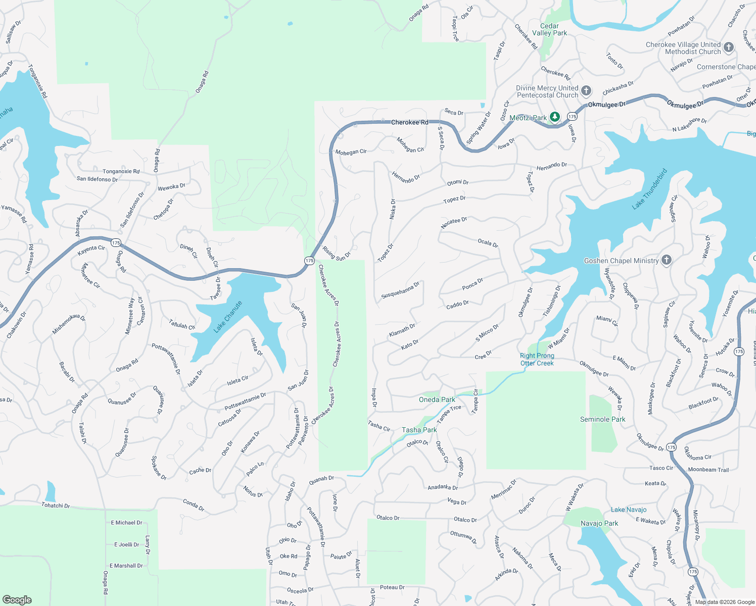 map of restaurants, bars, coffee shops, grocery stores, and more near 174 Hernando Drive in Cherokee Village
