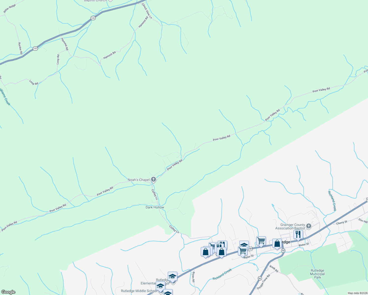 map of restaurants, bars, coffee shops, grocery stores, and more near 3524 Poor Valley Road in Rutledge