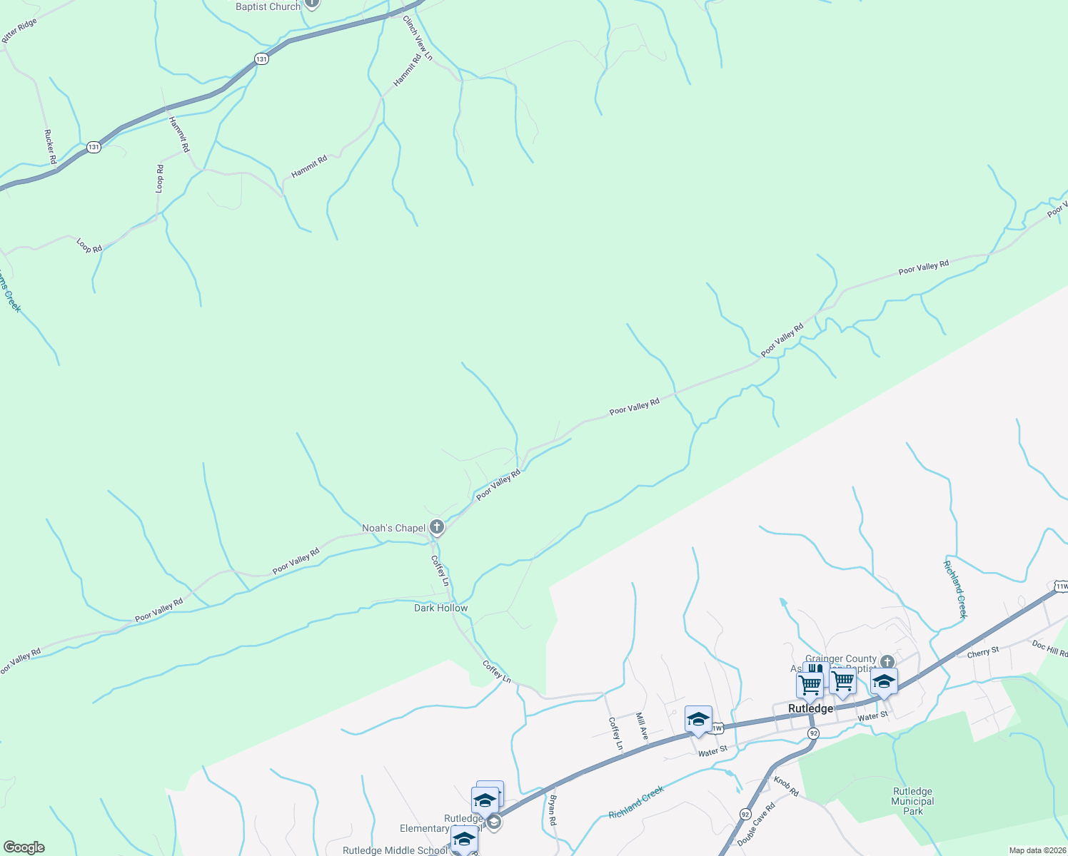 map of restaurants, bars, coffee shops, grocery stores, and more near 3524 Poor Valley Road in Rutledge