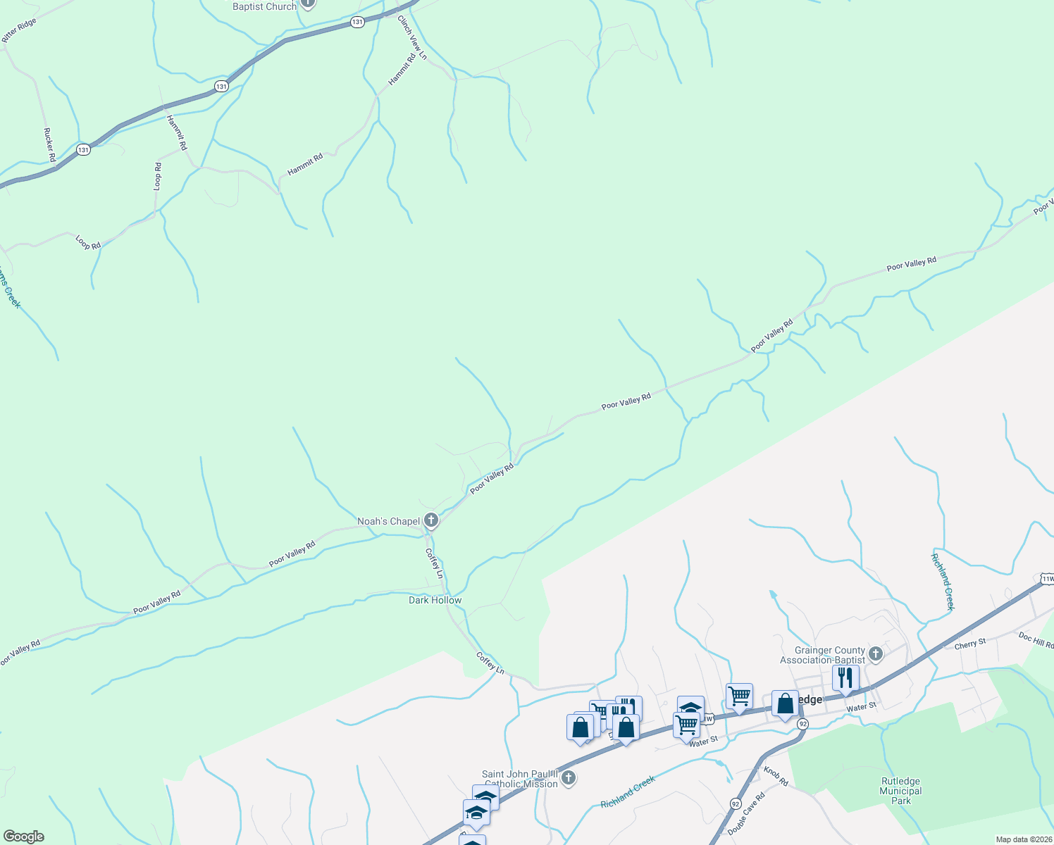 map of restaurants, bars, coffee shops, grocery stores, and more near 3524 Poor Valley Road in Rutledge