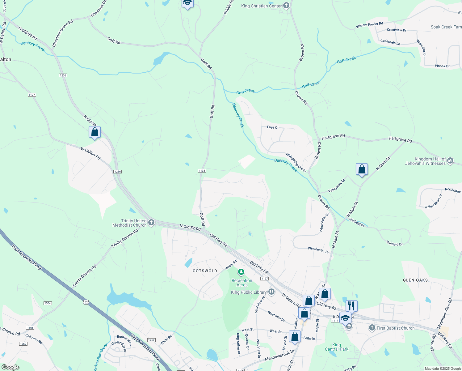 map of restaurants, bars, coffee shops, grocery stores, and more near 104 Conifer Court in King