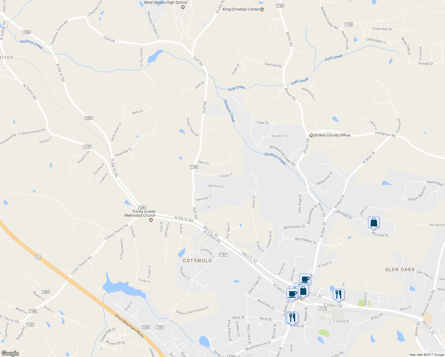 map of restaurants, bars, coffee shops, grocery stores, and more near 104 Conifer Court in King