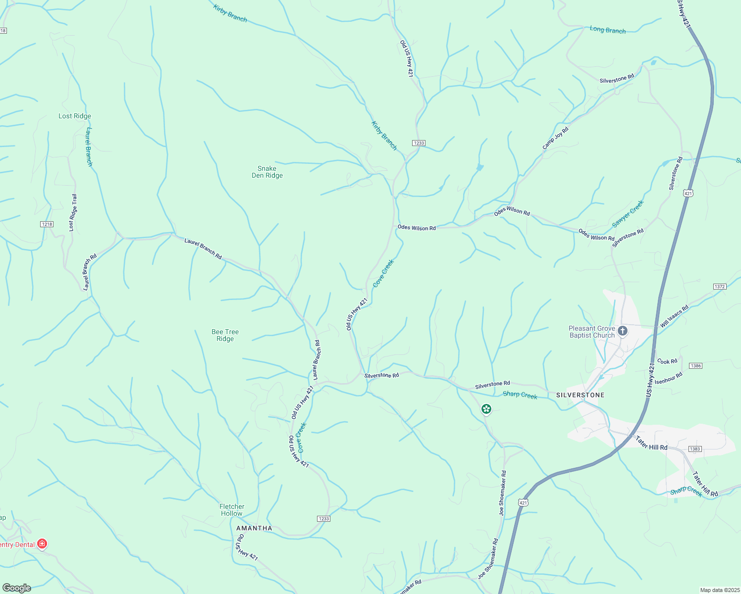map of restaurants, bars, coffee shops, grocery stores, and more near 4200 Old US Highway 421 in Zionville