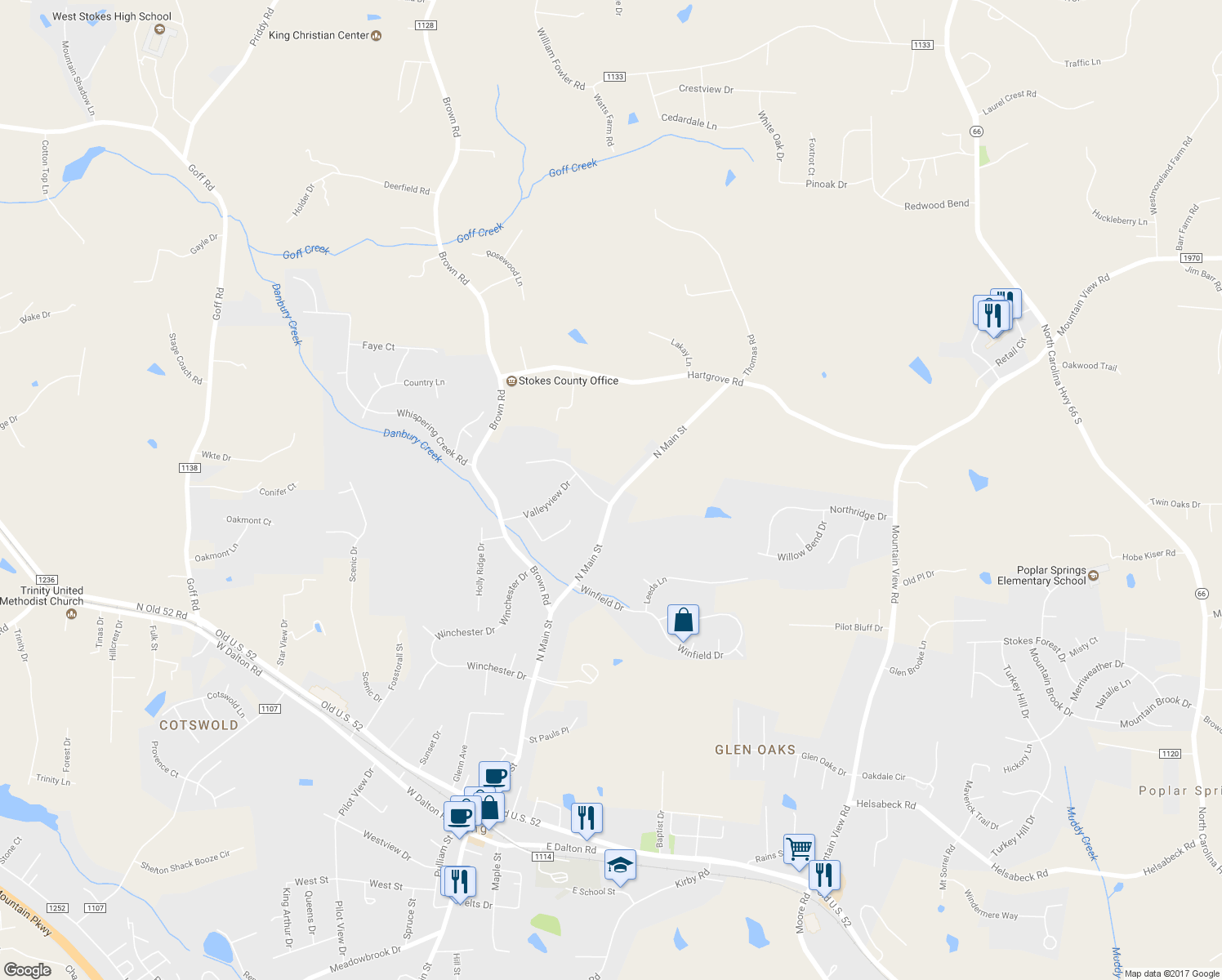 map of restaurants, bars, coffee shops, grocery stores, and more near 605 North Main Street in King