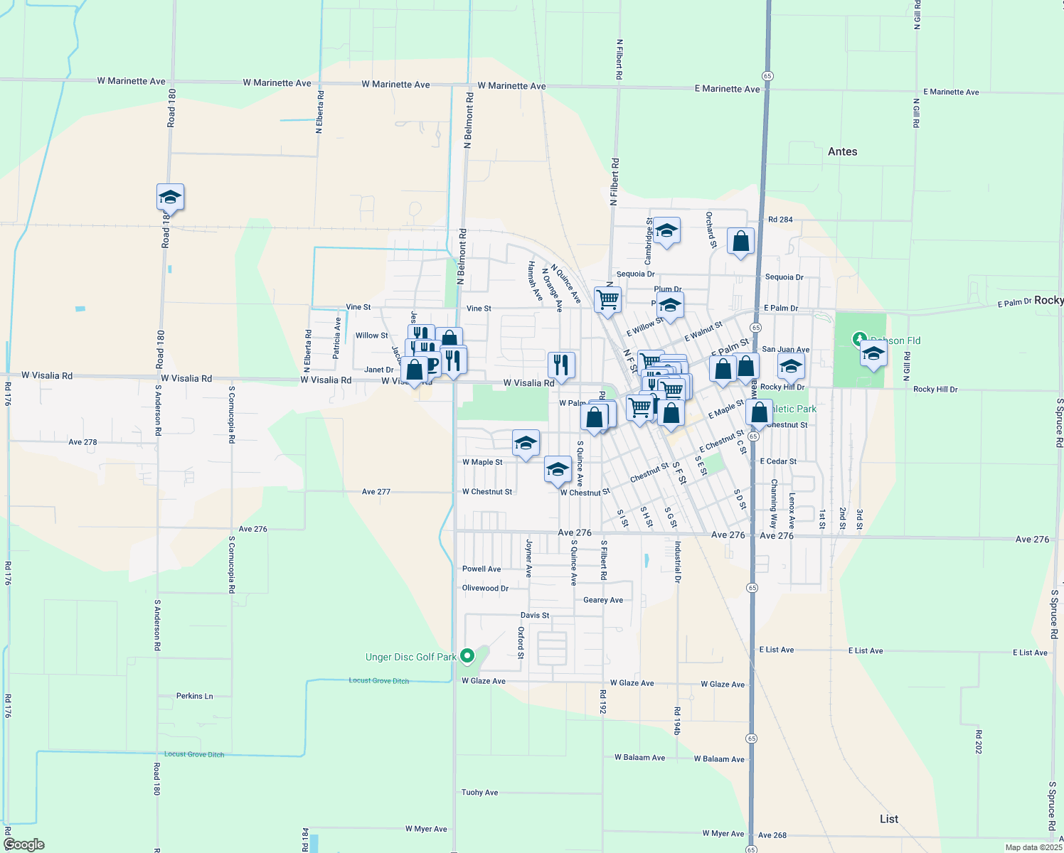 map of restaurants, bars, coffee shops, grocery stores, and more near 705 W Pine St in Exeter