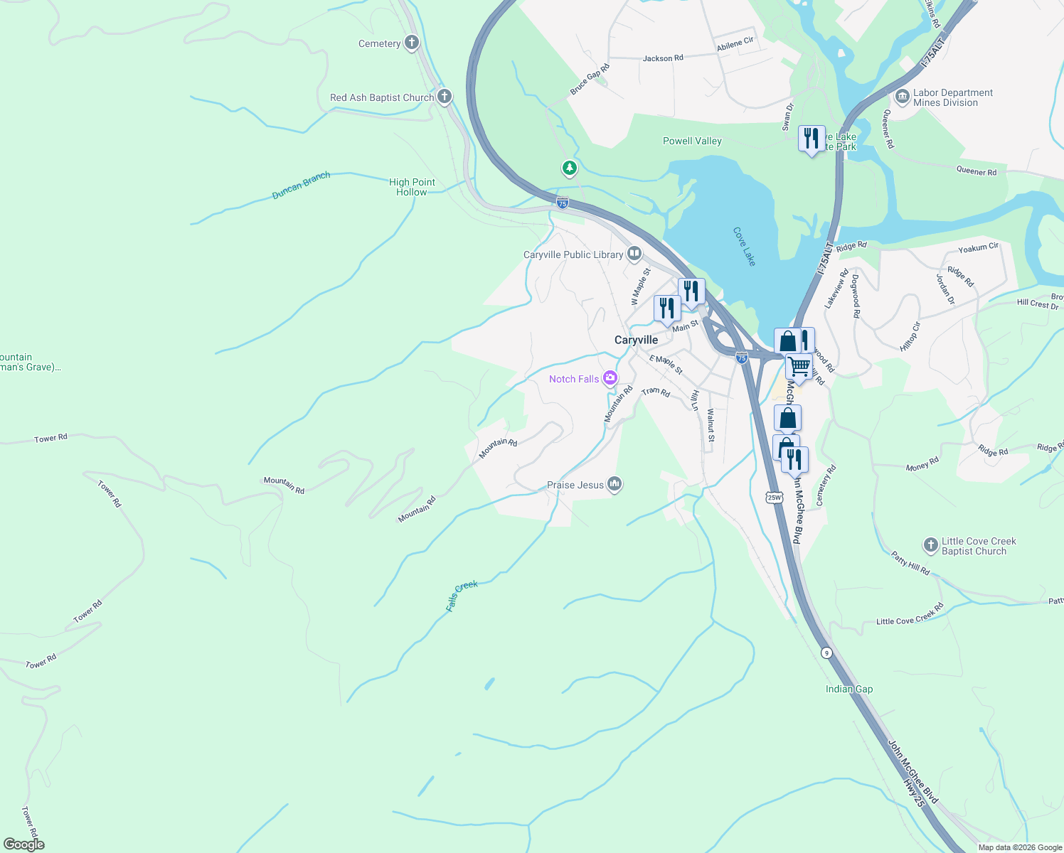 map of restaurants, bars, coffee shops, grocery stores, and more near 886 Mountain Rd in Caryville