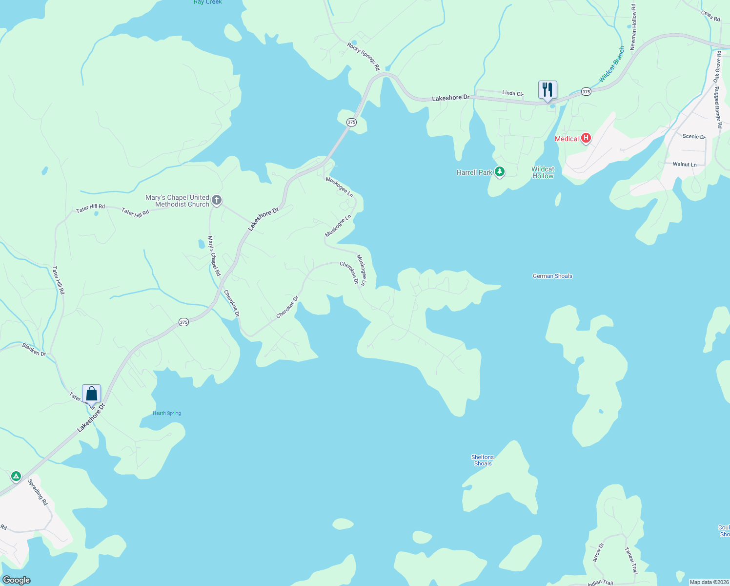 map of restaurants, bars, coffee shops, grocery stores, and more near 1903 Cherokee Drive in Bean Station