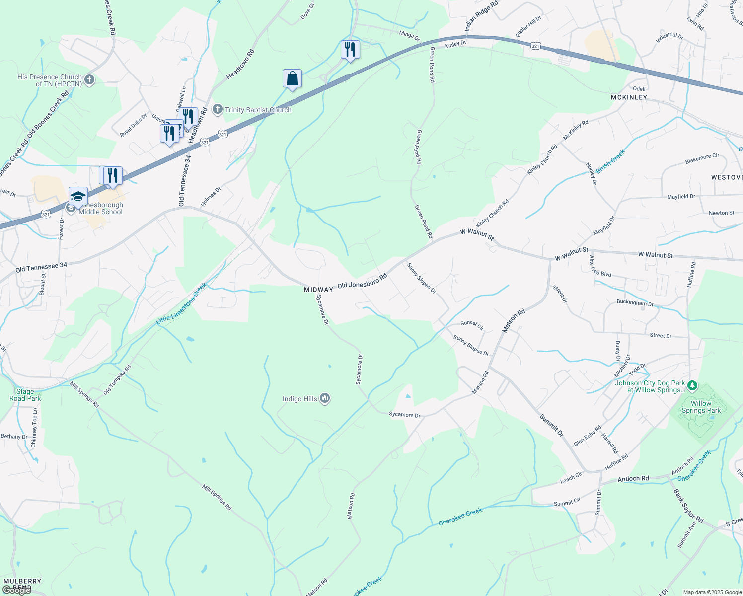 map of restaurants, bars, coffee shops, grocery stores, and more near 132 Woodland Dr in Jonesborough
