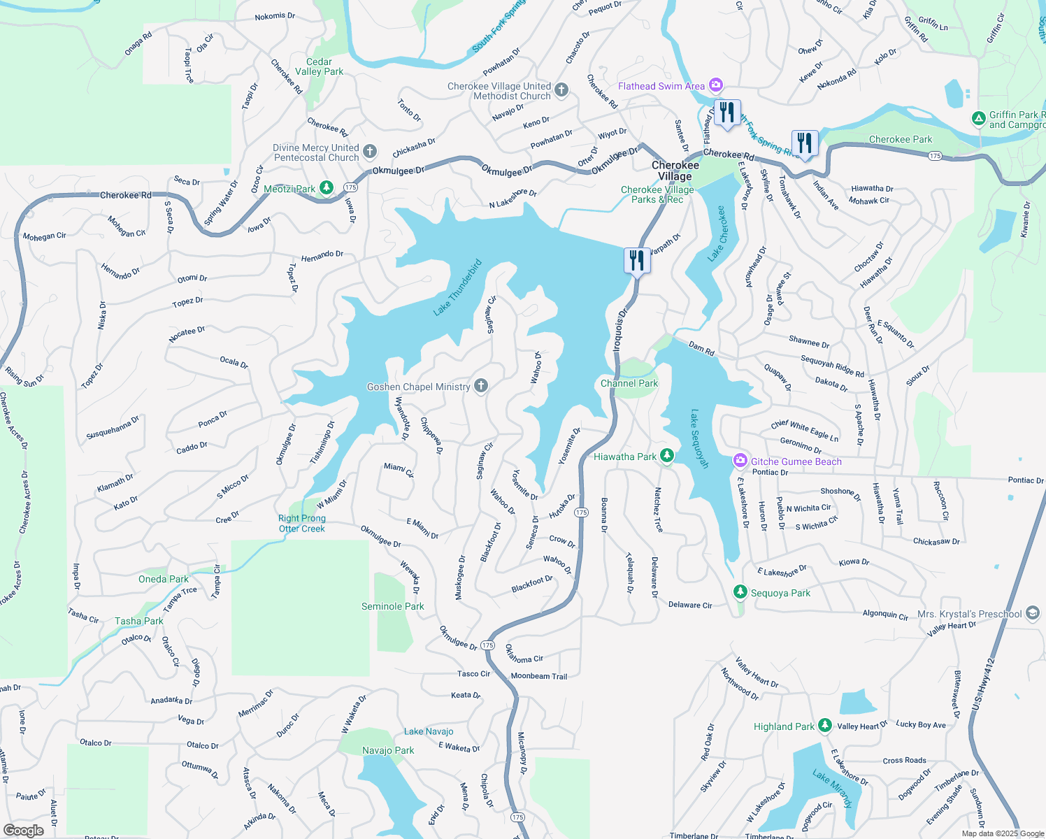 map of restaurants, bars, coffee shops, grocery stores, and more near 35 Wahoo Drive in Cherokee Village