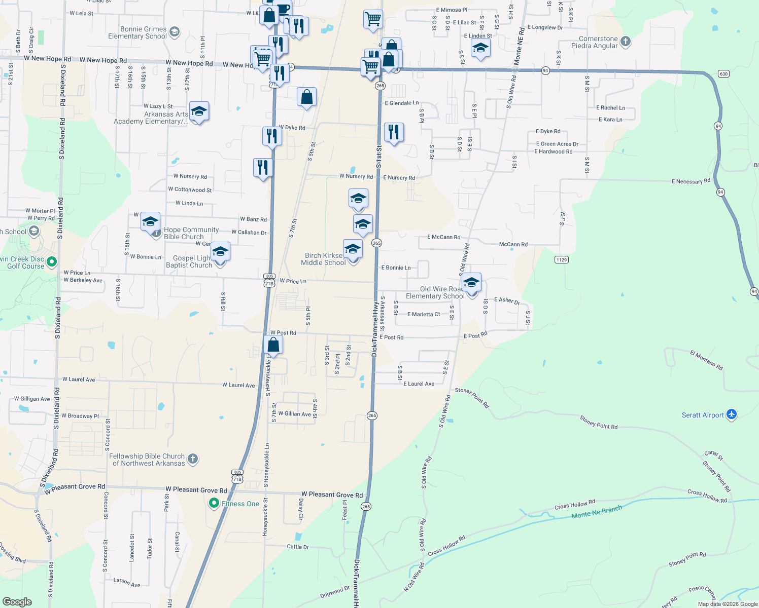 map of restaurants, bars, coffee shops, grocery stores, and more near 3008 S Arkansas St in Rogers