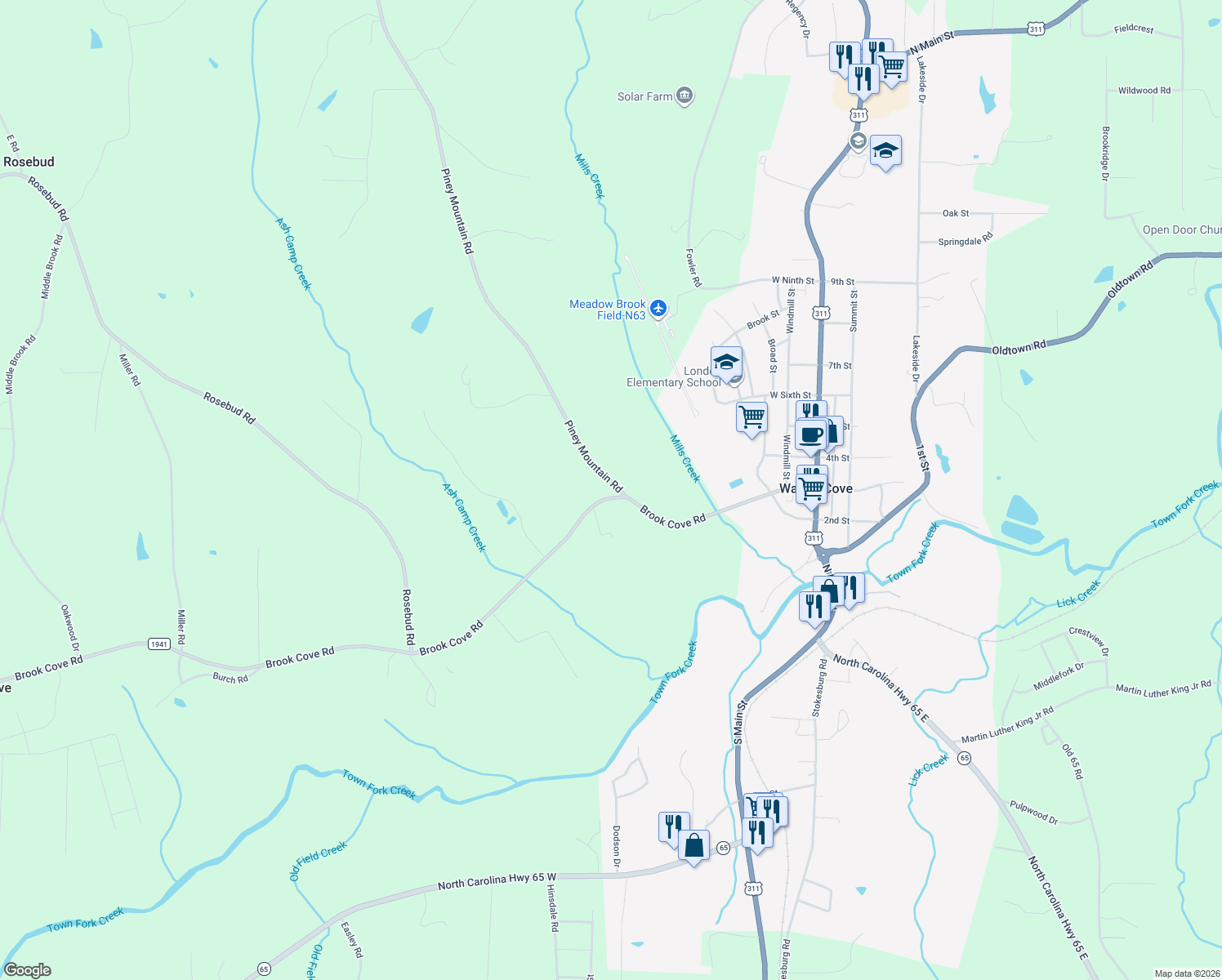 map of restaurants, bars, coffee shops, grocery stores, and more near 3932 Piney Mountain Rd in Walnut Cove