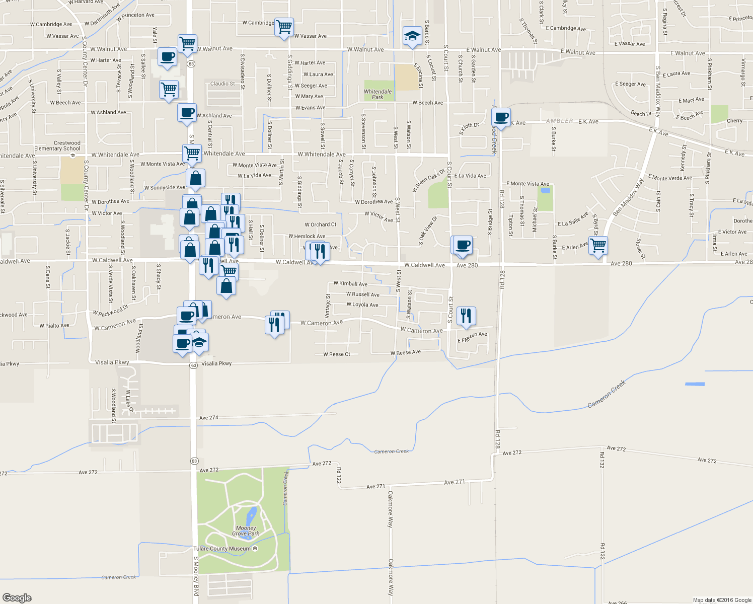 map of restaurants, bars, coffee shops, grocery stores, and more near 632 West Loyola Avenue in Visalia