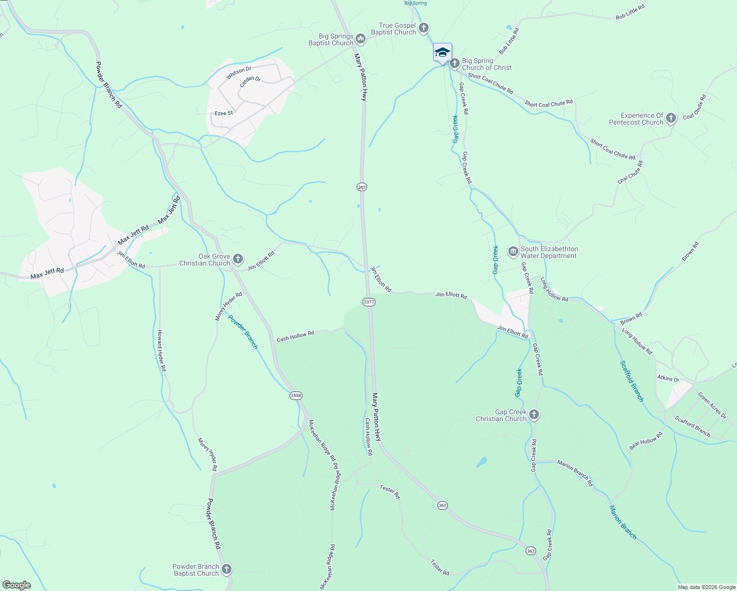 map of restaurants, bars, coffee shops, grocery stores, and more near State Highway 2377 in Elizabethton