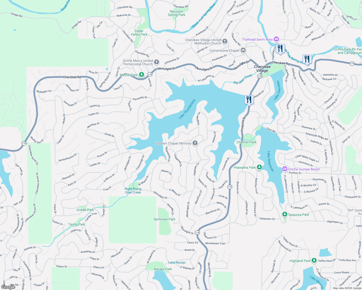 map of restaurants, bars, coffee shops, grocery stores, and more near 32 Wyandotte Drive in Cherokee Village