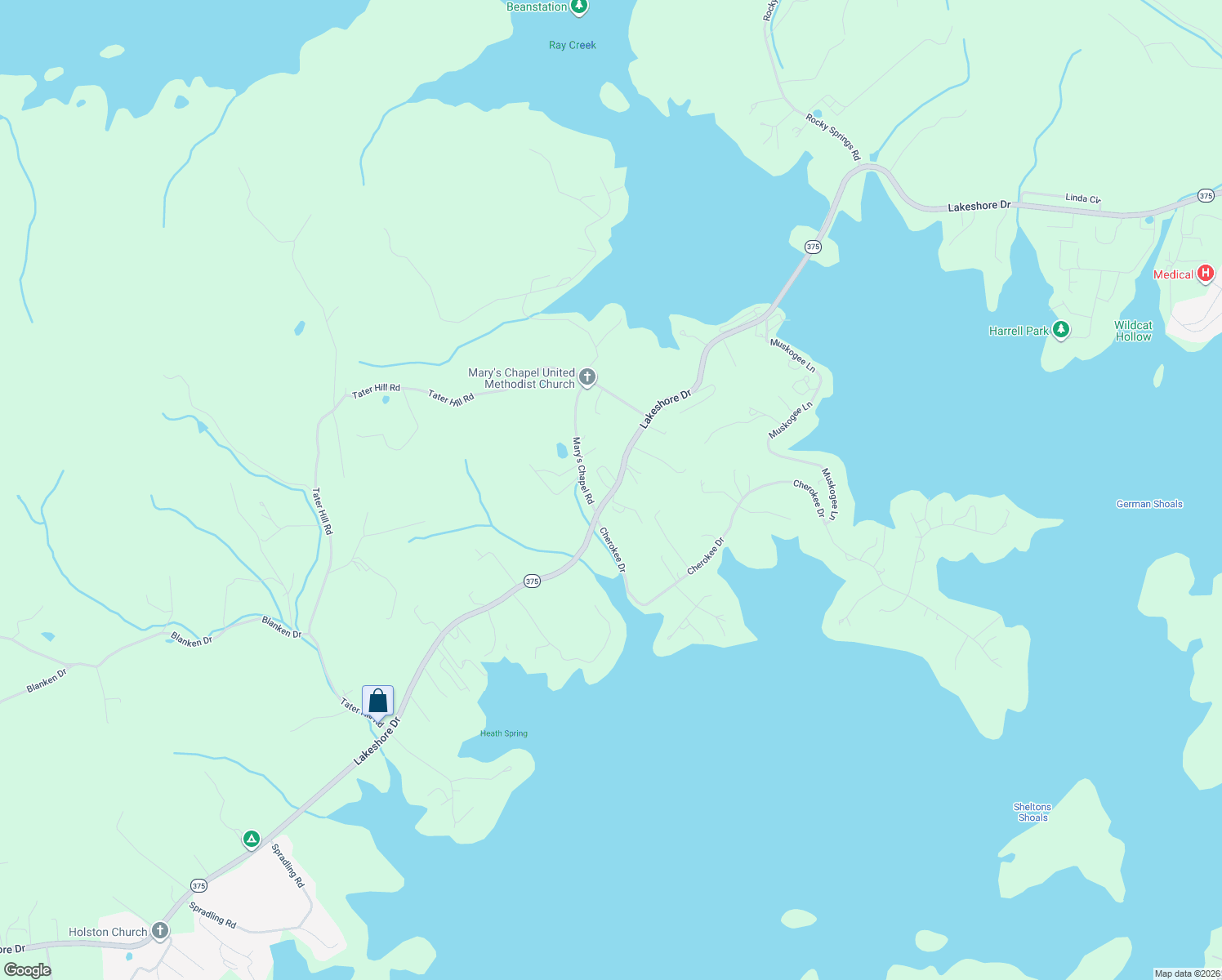 map of restaurants, bars, coffee shops, grocery stores, and more near 4860 Lakeshore Drive in Bean Station