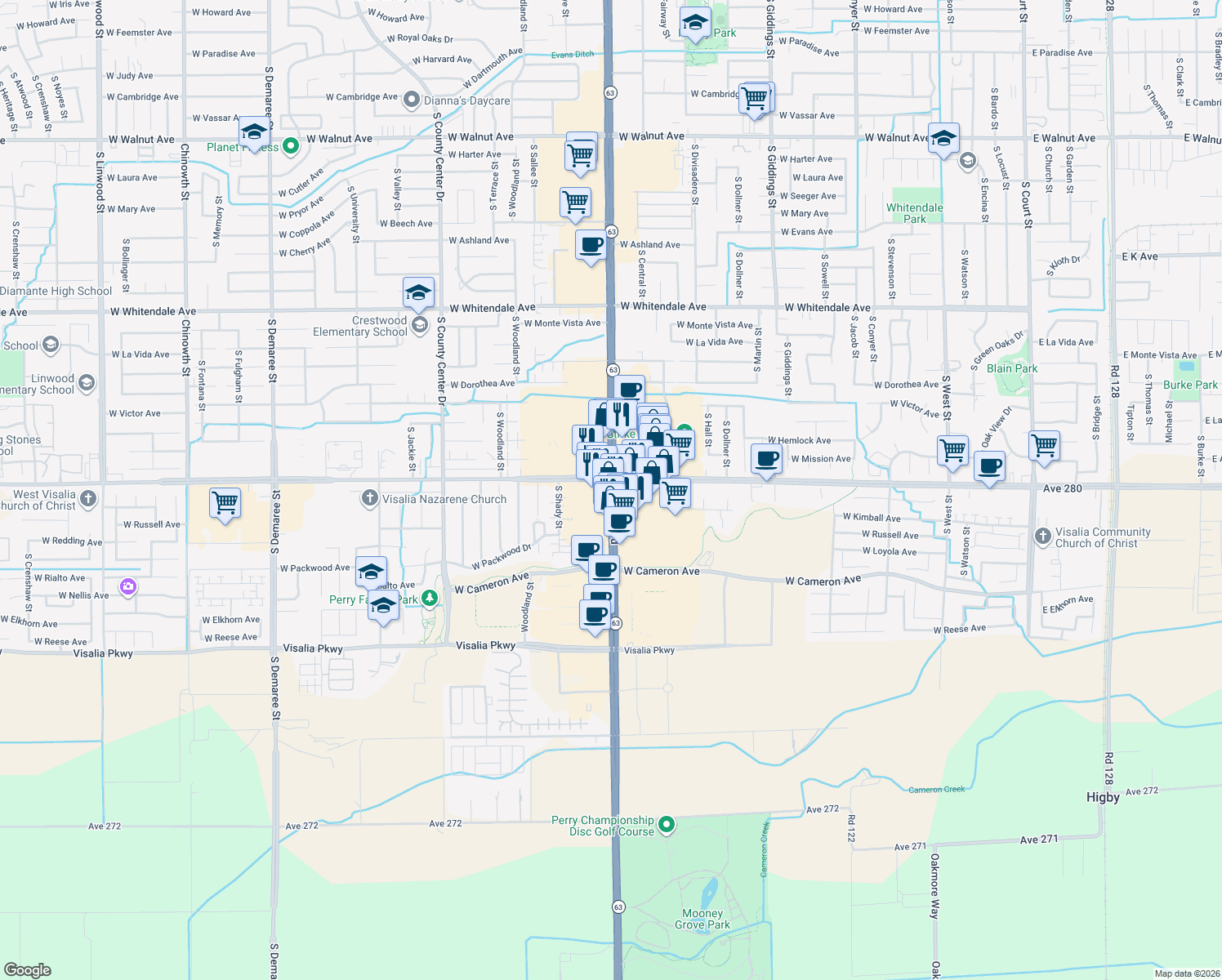 map of restaurants, bars, coffee shops, grocery stores, and more near 1800 West Caldwell Avenue in Visalia