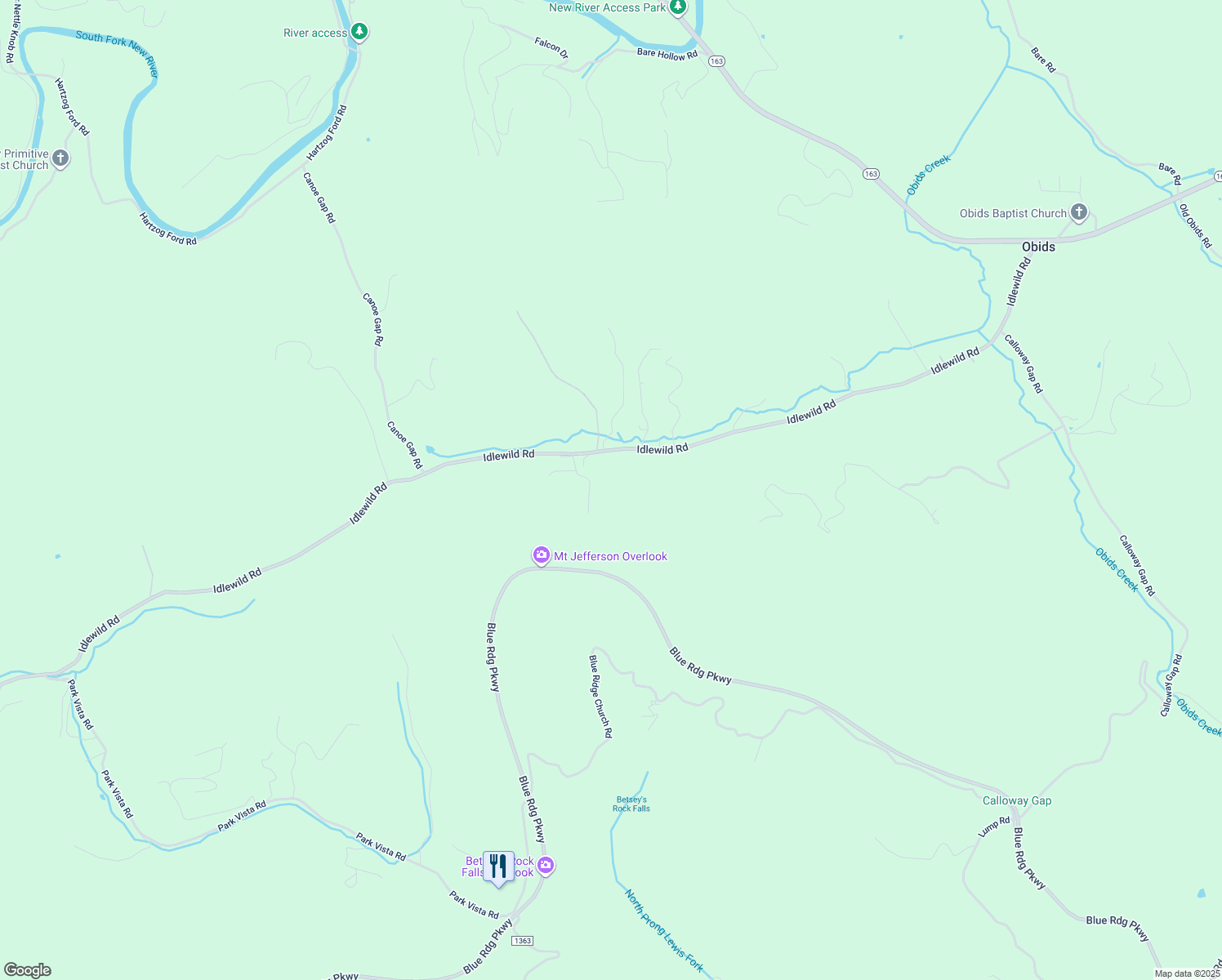map of restaurants, bars, coffee shops, grocery stores, and more near 1617 Idlewild Road in West Jefferson